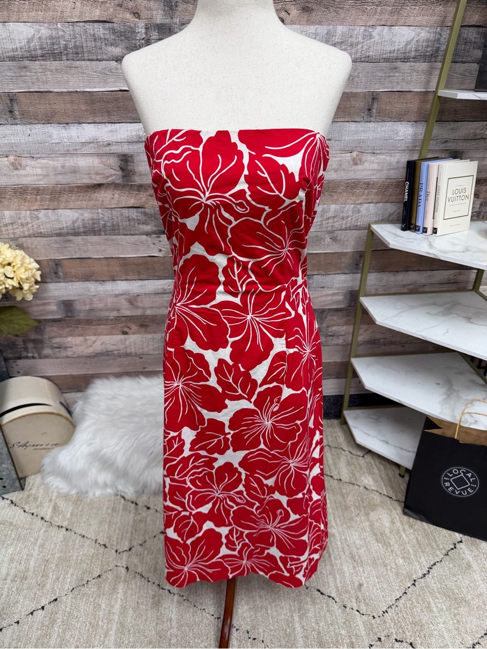 The Limited Strapless Red & White Floral Strapless Dress
